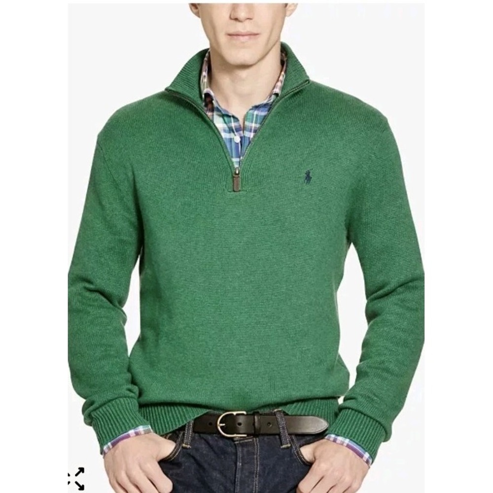 Polo Ralph Lauren 1/4 Zip Mock-Neck Sweater 100% Cotton Green Sz L‎ Pullover NEW